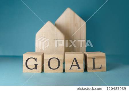 Wooden block with the word goal written on it 120483989