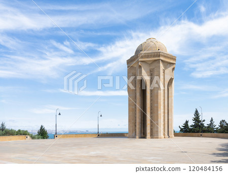 Eternal Flame Monument in Baku, Azerbaijan stands tall against a backdrop of a clear blue sky 120484156