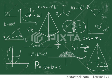 Math geometry graph and shapes on blackboard background. Set science doodle hand drawn sketch elements. Study theory formula, calculations. 120484177