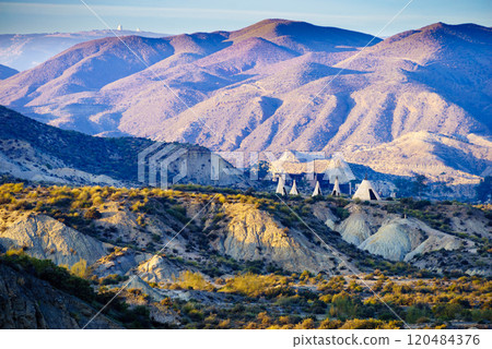 Tabernas desert and Indian village wigwams at Western Leone, Spain 120484376