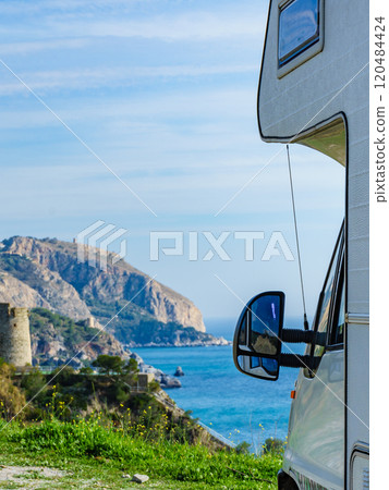 Motor home on seaside cliff, Spain 120484424