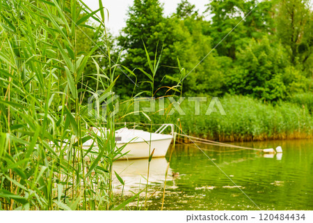 Yacht on lake in Tuchola Forests, Poland. 120484434