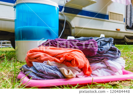 Washing laundry outdoor at caravan Washing laundry outdoor at caravan 120484448