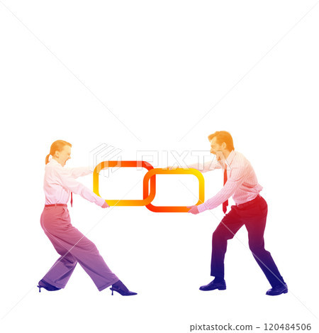 Contemporary art collage. Businesswoman and businessman holding interlinked chain shapes, symbolizing collaboration and connectivity in teamwork. 120484506