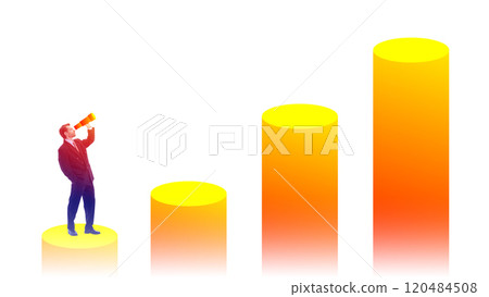 Contemporary art collage. Businessman holding telescope while standing on golden columns, representing visionary approach to corporate and financial growth. 120484508