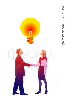 Contemporary art collage. Businessman and businesswoman shaking hands under glowing yellow bulb, symbolizing innovation, collaboration, and business partnerships. 120484509