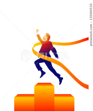 Contemporary art collage. Determined businessman leaping over finish line on golden columns, representing achievement and success in corporate goals. 120484510