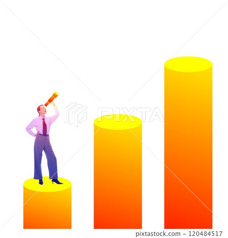 Contemporary art collage. professional woman standing on rising golden columns, holding a telescope, symbolizing growth and vision in business and finance. 120484517
