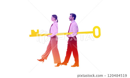 Contemporary art collage. Man and woman walking together while carrying giant golden key, representing teamwork and shared responsibility in achieving financial goals. 120484519