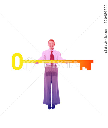 Contemporary art collage. Smiling professional woman holding long golden key horizontally, symbolizing teamwork and shared success. Contemporary art collage. Smiling professional woman holding long golden key horizontally, symbolizing teamwork and shared success. 120484523