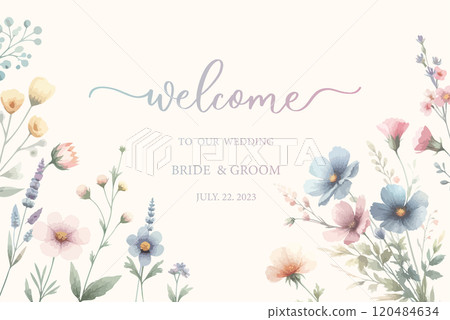 Delicate watercolor wedding invitation card background with flower and botanical leaves. Welcome sign template. 120484634