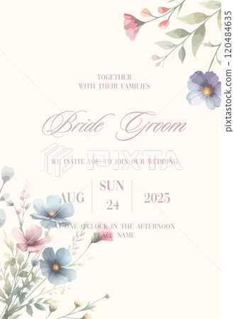 Delicate watercolor wedding invitation card background with flower and botanical leaves. Abstract art background vector design for wedding and vip cover template. Delicate watercolor wedding invitation card background with flower and botanical leaves. Abstract art background vector design for wedding and vip cover template. 120484635