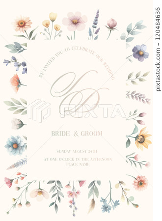 Delicate watercolor wedding invitation card background with flower and botanical leaves. Abstract art background vector design for wedding and vip cover template. 120484636