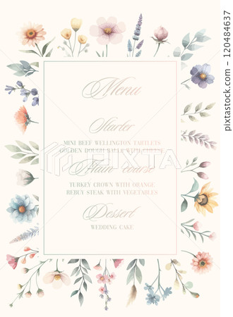 Delicate watercolor wedding invitation card background with flower and botanical leaves. Abstract art background vector design for wedding and vip cover template. Delicate watercolor wedding invitation card background with flower and botanical leaves. Abstract art background vector design for wedding and vip cover template. 120484637