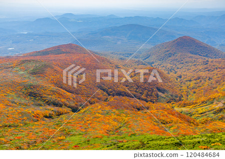 Mount Kurikoma, which straddles the three prefectures of Miyagi, Iwate, and Akita, features a view of the vibrant autumn foliage covering the slopes from the summit. 120484684