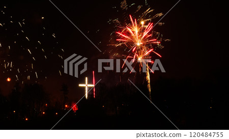 Colorful fireworks at holiday night 120484755