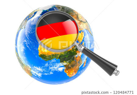 German flag under magnifying glass with Earth Globe, 3D rendering 120484771