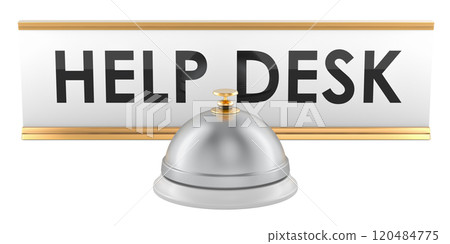 Help desk, concept. Reception bell with desk plate, 3D rendering 120484775