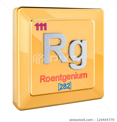 Roentgenium Rg, chemical element sign with number 111 in periodic table. 3D rendering 120484779
