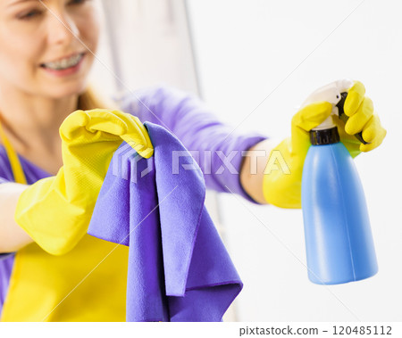 Girl cleaning window at home 120485112