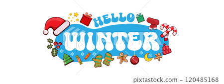 Hello winter banner design template with santa hat, christmas tree, candy, hat, mittens, berries, stars, gifts, balls, moon , gingerbread man, cookies. Hello winter blue sticker isolated on white 120485168