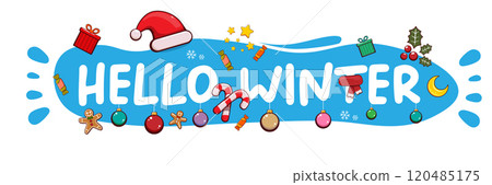 Hello winter banner design template with santa hat, christmas tree, candy, hat, mittens, berries, stars, gifts, balls, moon , gingerbread man, cookies. Hello winter blue sticker isolated on white Hello winter banner design template with santa hat, christmas tree, candy, hat, mittens, berries, stars, gifts, balls, moon , gingerbread man, cookies. Hello winter blue sticker isolated on white 120485175