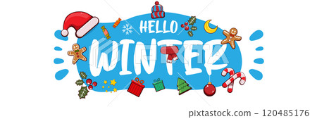 Hello winter banner design template with santa hat, christmas tree, candy, hat, mittens, berries, stars, gifts, balls, moon , gingerbread man, cookies. Hello winter blue sticker isolated on white Hello winter banner design template with santa hat, christmas tree, candy, hat, mittens, berries, stars, gifts, balls, moon , gingerbread man, cookies. Hello winter blue sticker isolated on white 120485176