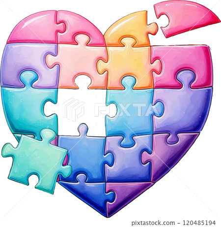 Illustration of a colorful heart-shaped jigsaw puzzle being assembled 120485194