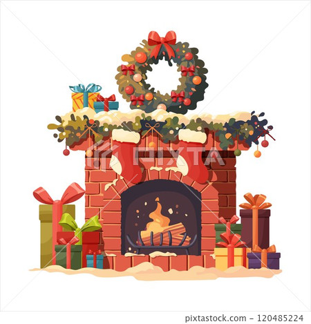 A brick fireplace decorated for Christmas. Cozy interior with fireplace. 120485224