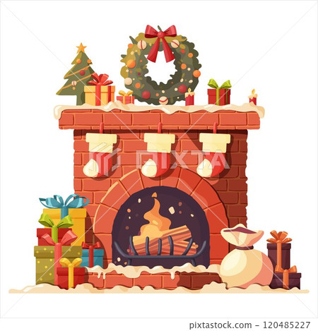 A brick fireplace decorated for Christmas. A brick fireplace decorated for Christmas. 120485227