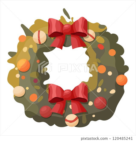 A Christmas wreath with balloons and two red bows. 120485241
