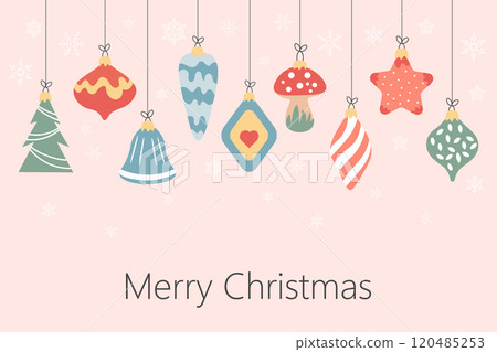 Christmas greeting card with Christmas tree toys collection. Winter holiday background for congratulations. Banner design Christmas greeting card with Christmas tree toys collection. Winter holiday background for congratulations. Banner design 120485253