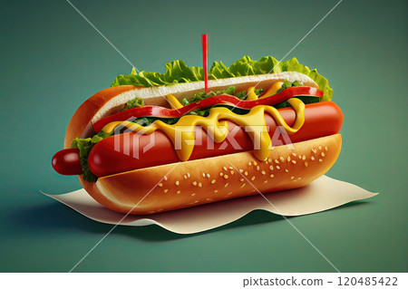 Hot dog with ketchup, herbs and mustard. Generative AI 120485422