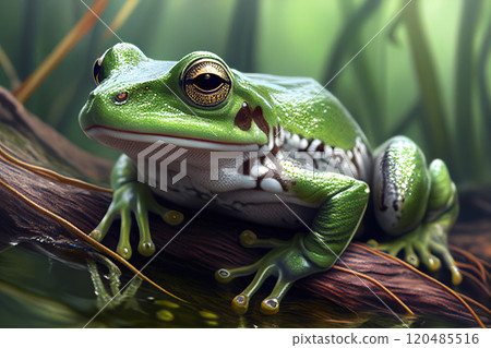 Wet green frog personally on a branch in a pond - Generative AI Wet green frog personally on a branch in a pond - Generative AI 120485516