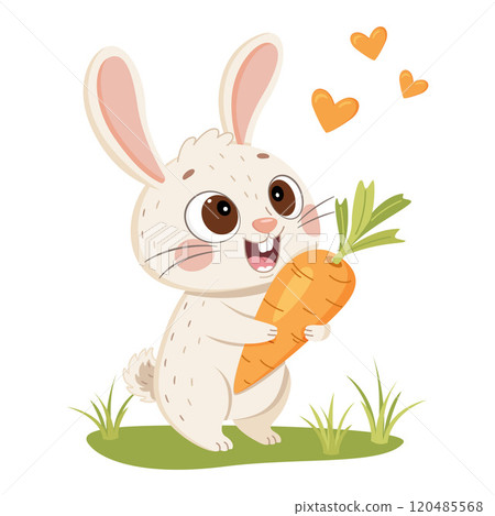 Cute rabbit holding carrot. Hand drawn flat cartoon style. Animal Food, love carrot bunny. Cute rabbit holding carrot. Hand drawn flat cartoon style. Animal Food, love carrot bunny. 120485568