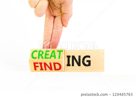 Finding or creating symbol. Businessman turns wooden cubes and changes words Finding to Creating. Beautiful white table white background copy space. Business creating or finding concept. Finding or creating symbol. Businessman turns wooden cubes and changes words Finding to Creating. Beautiful white table white background copy space. Business creating or finding concept. 120485763