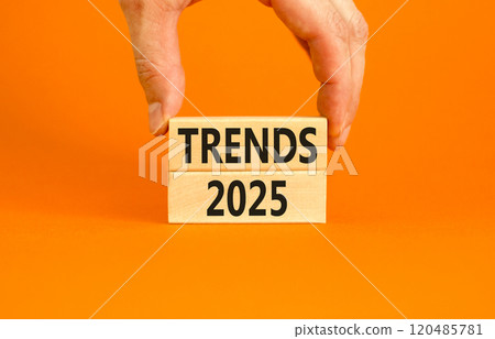 Planning trends 2025 new year symbol. Concept words Trends 2025 on beautiful wooden blocks. Beautiful orange background. Businessman hand. Business trends 2025 new year concept. Copy space. Planning trends 2025 new year symbol. Concept words Trends 2025 on beautiful wooden blocks. Beautiful orange background. Businessman hand. Business trends 2025 new year concept. Copy space. 120485781