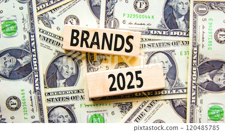 Planning brands 2025 new year symbol. Concept words Brands 2025 on beautiful wooden blocks. Dollar bills. Beautiful background from dollar bills. Business brands 2025 new year concept. Copy space. 120485785