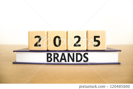 Planning 2025 brands new year symbol. Concept words 2025 Brands on beautiful wooden blocks and book. Beautiful wooden table white background. Business 2025 brands new year concept. Copy space. 120485800