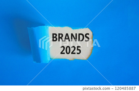 Planning brands 2025 new year symbol. Concept words Brands 2025 on beautiful white paper. Beautiful blue paper background. Business brands 2025 new year concept. Copy space. 120485887