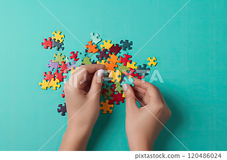 Putting the Pieces Together: Working on a Colorful Jigsaw Puzzle - Generative AI 120486024