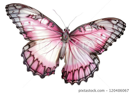 Realistic pink butterfly with detailed, textured wings displayed in full symmetry, isolated on white background. Ideal for nature, wildlife, or artistic design themes. Cut out element. Generative AI. 120486067