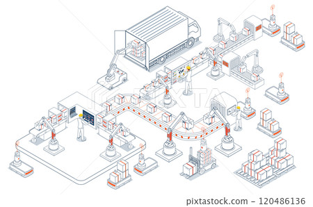 Automated Warehouse Robots and Smart Warehouse Technology concept with Agv robots, Warehouse Automation System and Automated inventory control platforms. Vector illustration EPS 10 120486136