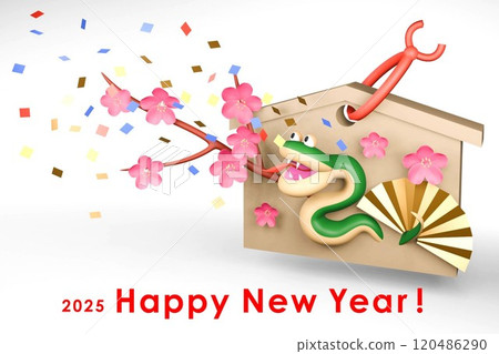 2025 Year of the Snake New Year's card - Colorful illustration of a cute snake popping out of a votive tablet with confetti 2025 Year of the Snake New Year's card - Colorful illustration of a cute snake popping out of a votive tablet with confetti 120486290