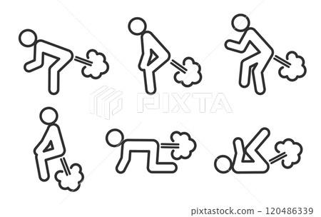 Stick man Farting icon symbol. Humor fart blowing wind sign logo. Human figure various postures. Vector illustration image. Isolated on white background. Stick man Farting icon symbol. Humor fart blowing wind sign logo. Human figure various postures. Vector illustration image. Isolated on white background. 120486339