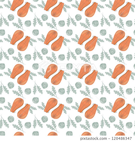 Salmon steaks, brussels sprout heads and arugula leaves Seamless pattern. Healthy eating background 120486347