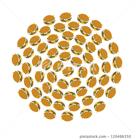 Burger meat cutlet, salad, slice tomato and onion rings, chees, sesame ban Circle Background Texture Burger meat cutlet, salad, slice tomato and onion rings, chees, sesame ban Circle Background Texture 120486350