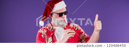 Celebrating Christmas Wearing Santa Hat and Sunglasses 120486450