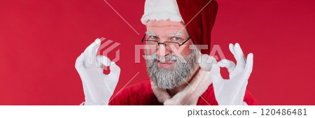 Portrait of Smiling Santa Claus Wearing Glasses and Red Costume 120486481