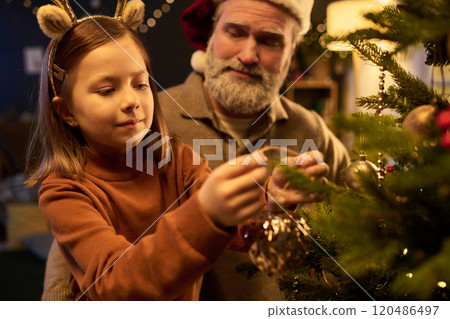 Decorating Christmas Tree with Grandfather and Granddaughter 120486497